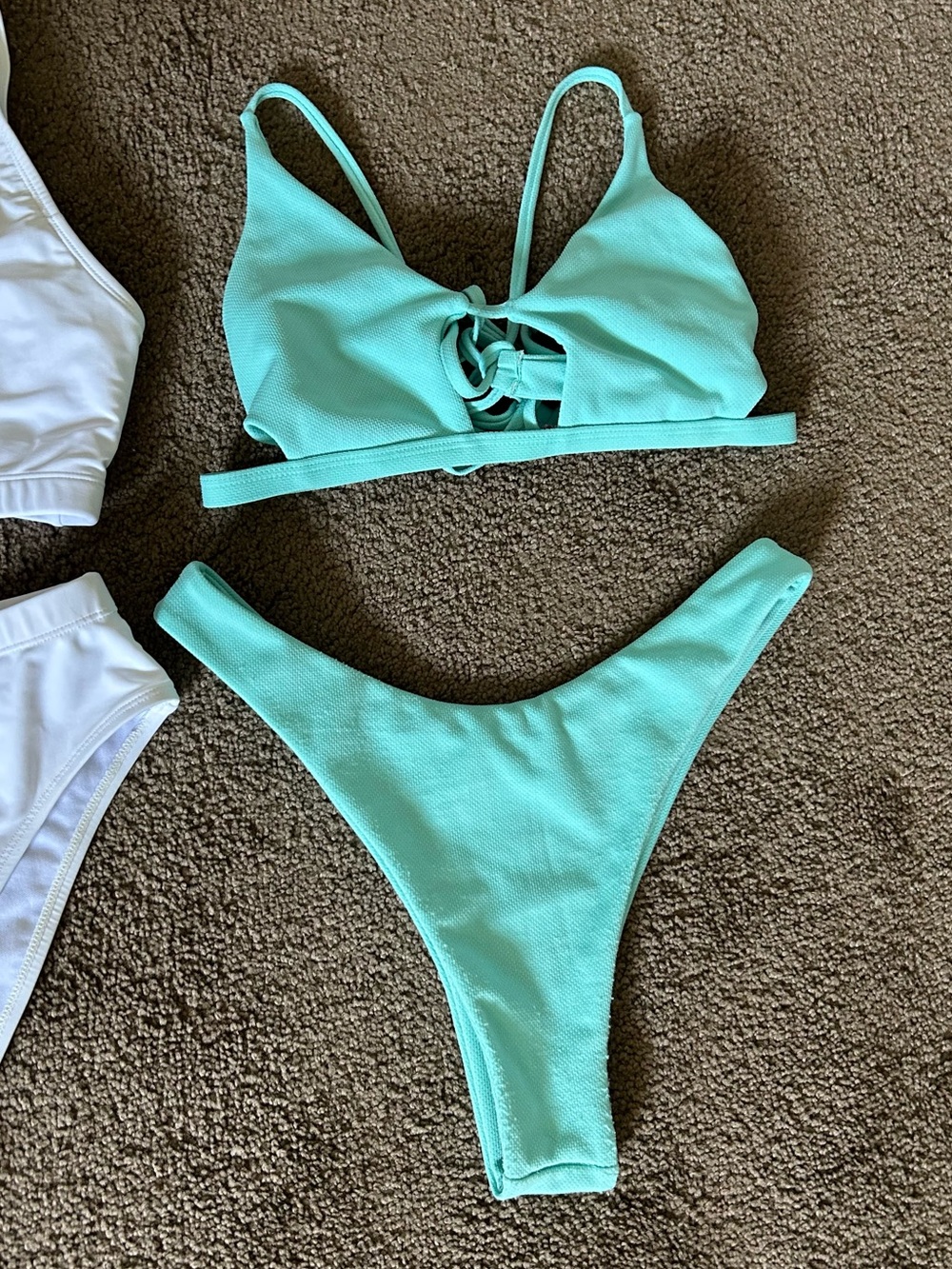Blue Ribbed Textured Strappy Cutout Tie Back Top High Waist Thong Bikini
Size M